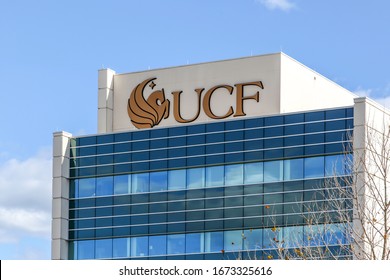 Orlando, Florida, USA- February 9, 2020:  Sign And Logo Of UCF On The Building At Lake Nona Campus In Orlando, Florida, USA. The University Of Central Florida (UCF) Is A Public Research University. 