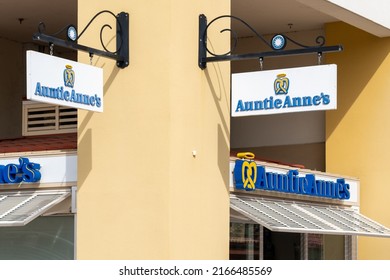Orlando, Florida, USA- January 21, 2022: A Auntie Anne's booth is seen in Orlando, Florida, USA. Auntie Anne's is an American franchised chain of pretzel shops. editorial use only. 