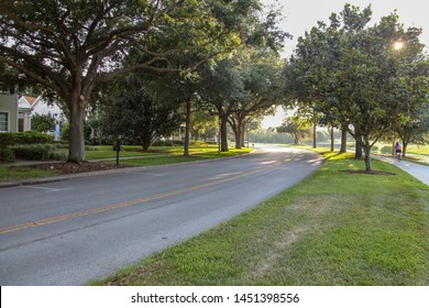 Orlando, Florida, USA - July 27, 2019: Celebration, Osceola County's planned American architecture community, developed by The Walt Disney Company, connected to parks and resorts by World Drive.
