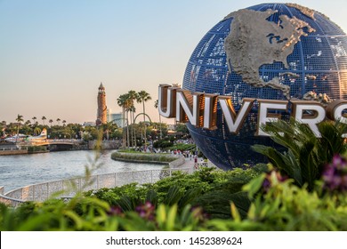 Orlando, Florida, USA - July 27, 2019: The Famous Globe Of Planet Earth, Icon On Universal Studios, The Logo And The Typography Of The Word 