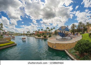 Orlando, Florida, USA - June 2015 : Universal Studios Theme Park, Famous Globe At The Entrance