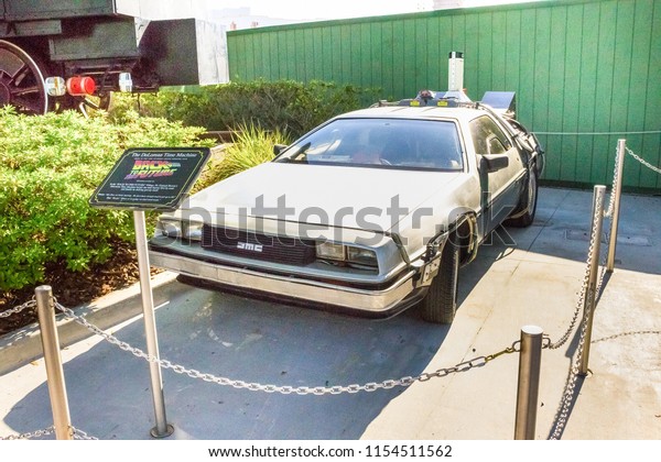 Orlando, Florida, USA -\
May 10, 2018: The old car from film Back to Future at Universal\
Studios Orlando. Universal Studios Orlando is a theme park resort\
in Orlando, Florida.