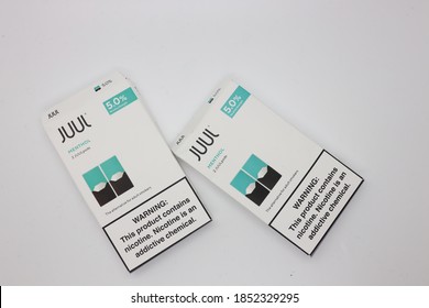 Orlando, FL/USA November 11th, 2020: Top View Of Two Juul Menthol Pods With A White Background