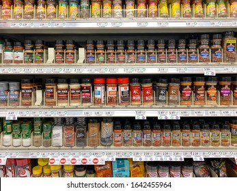 Orlando, FL/USA-2/8/20: The Spice Aisle At A Publix Grocery Store With A Variety Of Spices And Meat Rubs Waiting For Customers To Purchase.