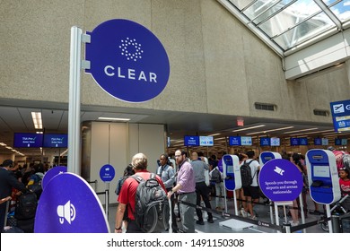 Orlando, FL/USA-8/22/19: Airport Security At A Busy International Airport With Clear, TSA Precheck And TSA Standard Screening.