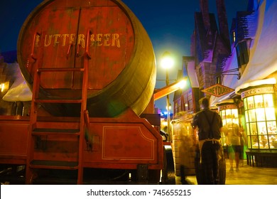 ORLANDO, USA - 17 JULY 2017.  Butterbeer truck at Harry Potter Hogsmeade in Universal Studio's Islands of Adventure