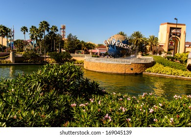 ORLANDO, USA - DECEMBER 19, 2013: Universal Logo in front of Universal Studios Orlando. Universal Studios Orlando is a theme park resort in Orlando, Florida.