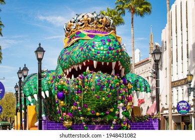 Orlando, USA - Feb. 12, 2021: Big Alligator Parade Mardi Gras Celebration On The Street