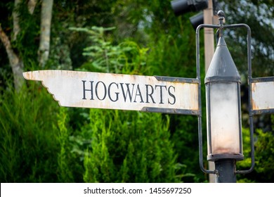 ORLANDO. USA. FLORIDA. JULY 2019: Hogwarts - Hogsmeade signs. Harry Potter. Islands of Adventure. Universal.