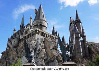 Orlando, USA – July 17, 2021: Hogwarts Castle at The Wizarding World of Harry Potter in Adventure Island of Universal Studios Orlando. 