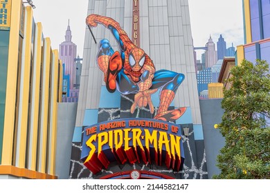 ORLANDO, USA - MARCH 07 2022: Giant Spiderman Character Above The Entrance To The Ride