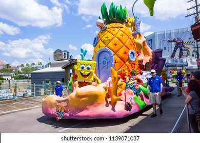 Orlando, USA - May 8, 2018: The large parade with performers at Universal Studio park on May 8, 2018. Universal Studios is one of Orlando's famous theme parks.