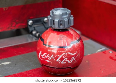 ORLANDO, USA - SEPTEMBER 19, 2019: Star Wars Themed Coca Cola Bottle Made To Look Like A Thermal Detonator. The Writing Is Called Aurebesh And Translates To 