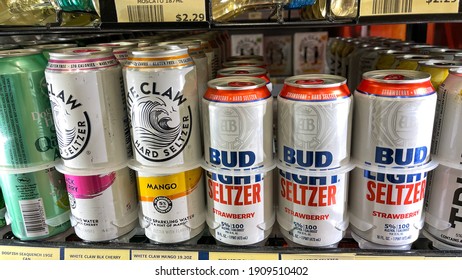 Orlando,FL USA - January 30, 2021:  Cans Of Bud Light Seltzer And White Claw Alcohol Beverages In A Refriderator Case At A Wawa Store.