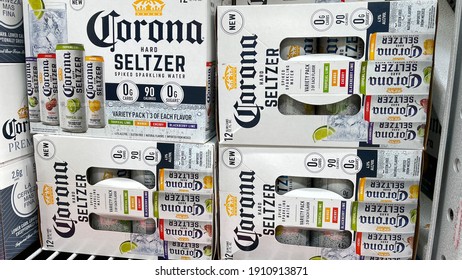 Orlando,FL USA - January 31, 2021:  Cases Of Corona Hard Seltzer Spiked Sparkling Water Alcohol Beverages At A Sams Club Store.