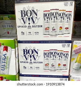 Orlando,FL USA - January 31, 2021:  Cases Of Bon Viv Hard Spiked Seltzer Alcohol Beverages At A Sams Club Store.