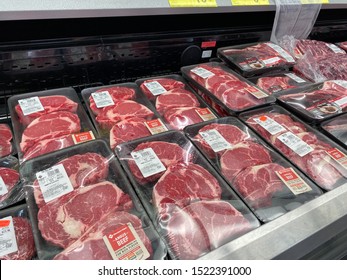 Orlando,FL/USA -10/4/19:  Fresh Ribeye Steak In The Refridgerated Meat Aisle Of A Sams Club Grocery Store Ready To Be Purchased By Consumers.