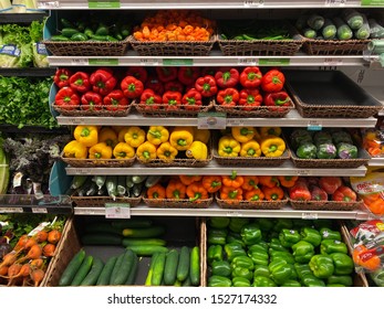 Orlando,FL/USA -10/8/19:  The Fresh Produce Aisle Of A Grocery Store With Colorful Fresh Fruits And Vegetables Ready To Be Purchased By Consumers.