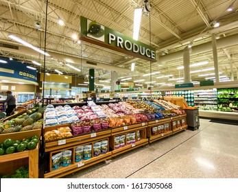Orlando,FL/USA -1/15/20:  The Fresh Produce Aisle Of A Grocery Store With Colorful Fresh Fruits And Vegetables Ready To Be Purchased By Consumers.