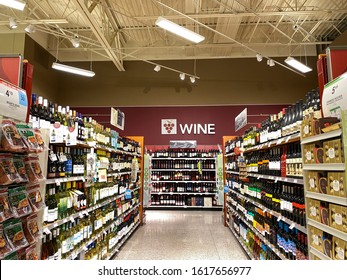 Orlando,FL/USA -1/15/20:  The Wine Aisle Sign Of A Grocery Store With A Variety Of Wines From Various Vineyards.