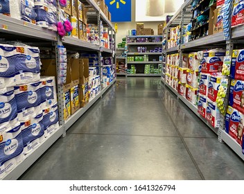 Orlando,FL/USA -2/6/20:  The Toilet Paper Aisle Of A Walmart Superstore With A Variety Of Products From Various Manufacturers.