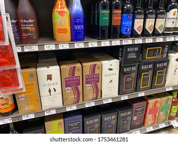 Orlando,FL/USA -5/13/20: A Bottles And Boxes Of Various Wine At A Publix Liqour Store.