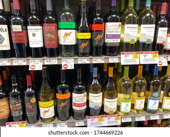 Orlando,FL/USA -5/13/20:The Wine Aisle Sign At A Publix Grocery Store With A Variety Of Wines From Various Vineyards.