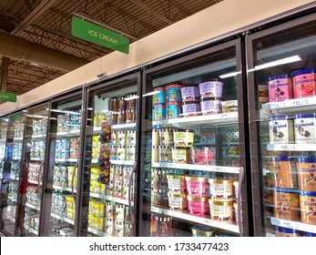 Orlando,FL/USA -5/4/20:  The Ice Cream Section Of The Frozen Foods Aisle Of A Publix Grocery Store Where All Sorts Of Tasty Baked Goods Are Displayed.