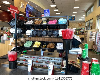 Orlando,FL/USA-12/25/19: A Cream And Sugar Station To Enhance The Customers Coffee At A Wawa Restaurant And Gas Station.