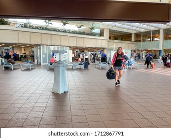 Orlando,FL/USA-3/21/20:  People Going Through Orlando International Airport MCO TSA Security On A Slow Day Due To The Coronavirus.