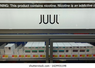 Orlando,FL/USA-6/20/19: Juul Brand Ecigarettes In A Case At A Retail Store.