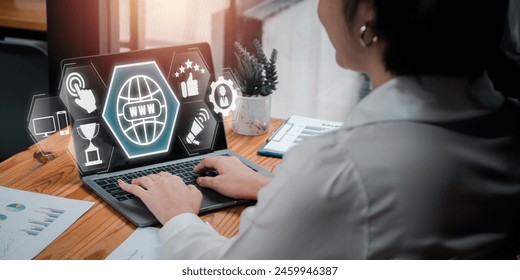 ORM, Object Relational Mapping concept, Businesswoman using laptop computer on desk with Object Relational Mapping icon on virtual screen.