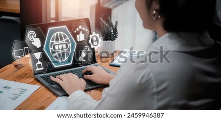 ORM, Object Relational Mapping concept, Businesswoman using laptop computer on desk with Object Relational Mapping icon on virtual screen.