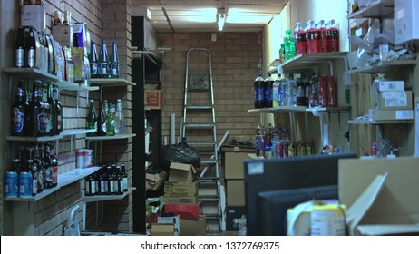 Ormskirk, Lancashire, UK, 04/11/2019: Back Storeroom/Break Room Of A Bargain Booze Retailer During Quiet Period 