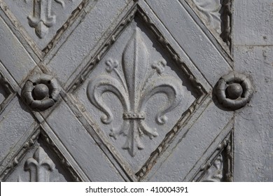 Ornament In The Shape Of Fleur De Lis And Cross On A Metal Door In Monastery Klosterneuburg, Austria