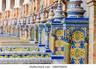 Ornament Tiles At Plaza De España In Seville , Spain