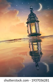 Ornamental Arabic lantern with burning candle glowing at night. Festive greeting card, invitation for Muslim holy month Ramadan Kareem.