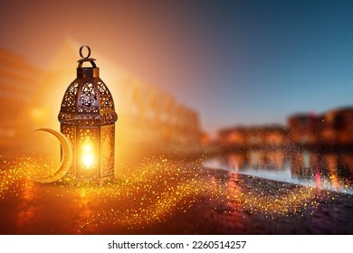 Ornamental Arabic lantern with burning candle glowing . Festive greeting card, invitation for Muslim holy month Ramadan Kareem. Ramadan Kareem greeting photo with serene mosque background.
 - Shutterstock ID 2260514257
