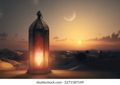 Ornamental Arabic lantern with burning candle glowing at night. Festive greeting card, invitation for Muslim holy month Ramadan Kareem. - Shutterstock ID 2271187149