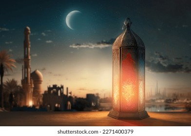 Ornamental Arabic lantern with burning candle glowing at night mosque background. Festive greeting card, invitation for Muslim holy month Ramadan Kareem. - Shutterstock ID 2271400379