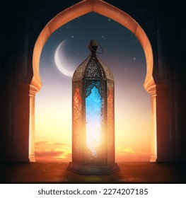 Ornamental Arabic lantern with burning candle glowing at night mosque background. Festive greeting card, invitation for Muslim holy month Ramadan Kareem. - Powered by Shutterstock