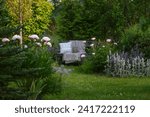 ornamental cottage garden view in summer. Blooming peonies and stachys, relax area with wooden bench, decorated with pillows and lantern