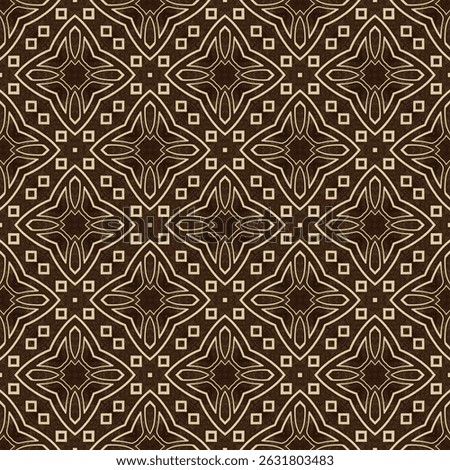 Ornamental seamless background pattern with beige floral lines on dark brown tile design, elegant geometric symmetry for vintage fabric, wallpaper, textile print, classic interior decor backdrop bg