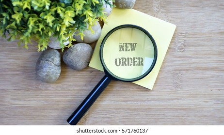 Ornamental Trees, Stones Small, Magnifying Glass, Sticky Note With Text New Order