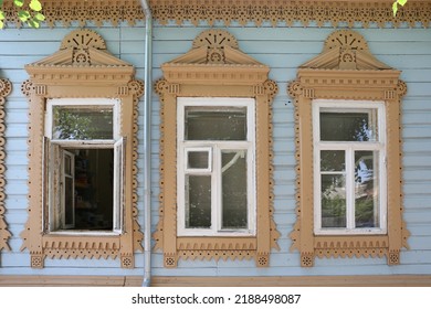 Ornamental windows, carved frames on Saltykov-Shchedrin street in Ryazan city, Russia. Vintage wooden rural house. Old traditional national architecture of Ryazan. Folk style. Ryazan landmark, sight