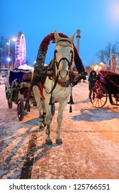 The Ornamented Horse Drawn Carriage In Winter At Night, Tyumen, Russia