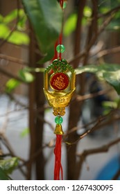 Ornaments are hang on an apricot tree in Saigon. The tree with yellow flowers are symbol for Tet holidays in the Southern Vietnam. While in the Northern, the cherry blossom is lunar new year symbol.