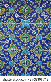 Ornate Blue Islamic Tile Pattern With Floral Motifs and Geometric Ceramic Mosaic Design Abstract textured wall