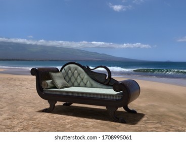 Ornate Chaise Lounge On Beach Wide Shot