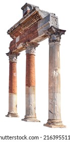 Ornate columns in the ruins of ancient Pompeii near Naples, Italy in deep perspective isolated on pure white. 